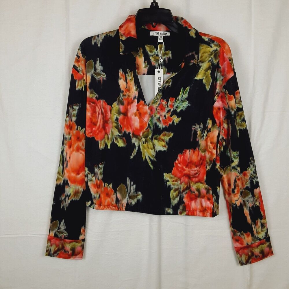 Steve Madden Womens Medium Black Multi Floral Shirt Blouse Long Sleeved